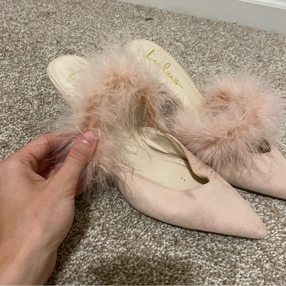 Lulus Blush Pink Feather Accent Pointed Toe Heels - Picture 2 of 7